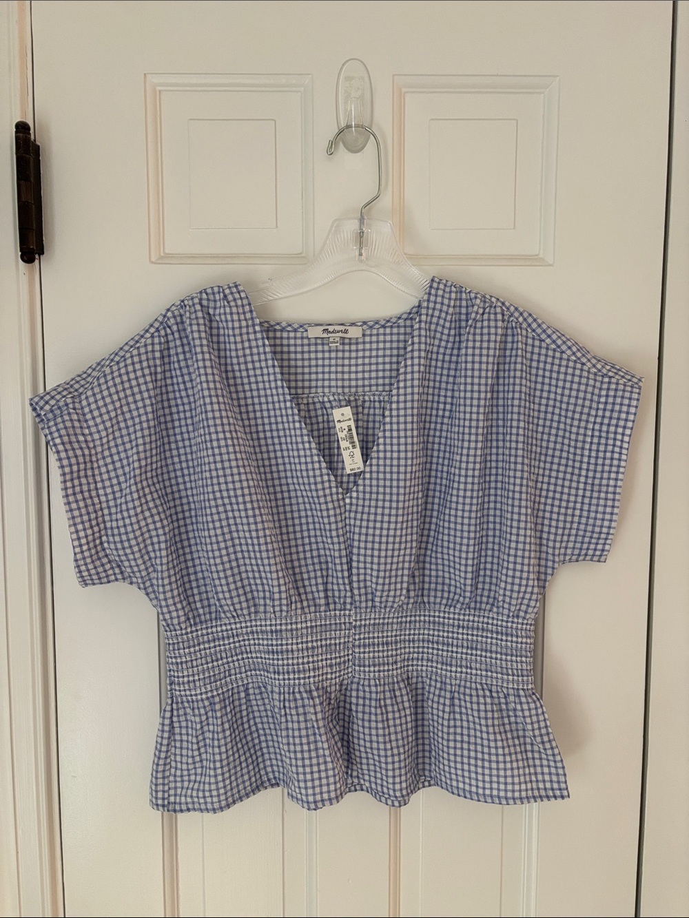 Madewell Light Blue Gingham Smocked Peplum Top